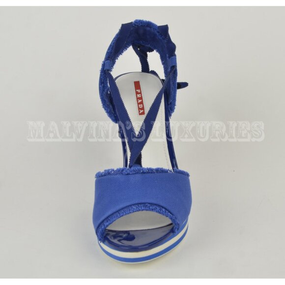 PRADA SPORT SHOES STRIPED WEDGE BLUE CANVAS ANKLE WRAP SANDALS sz 40 / 10 - Picture 7 of 13